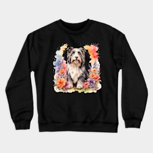 A bearded collie decorated with beautiful watercolor flowers Crewneck Sweatshirt